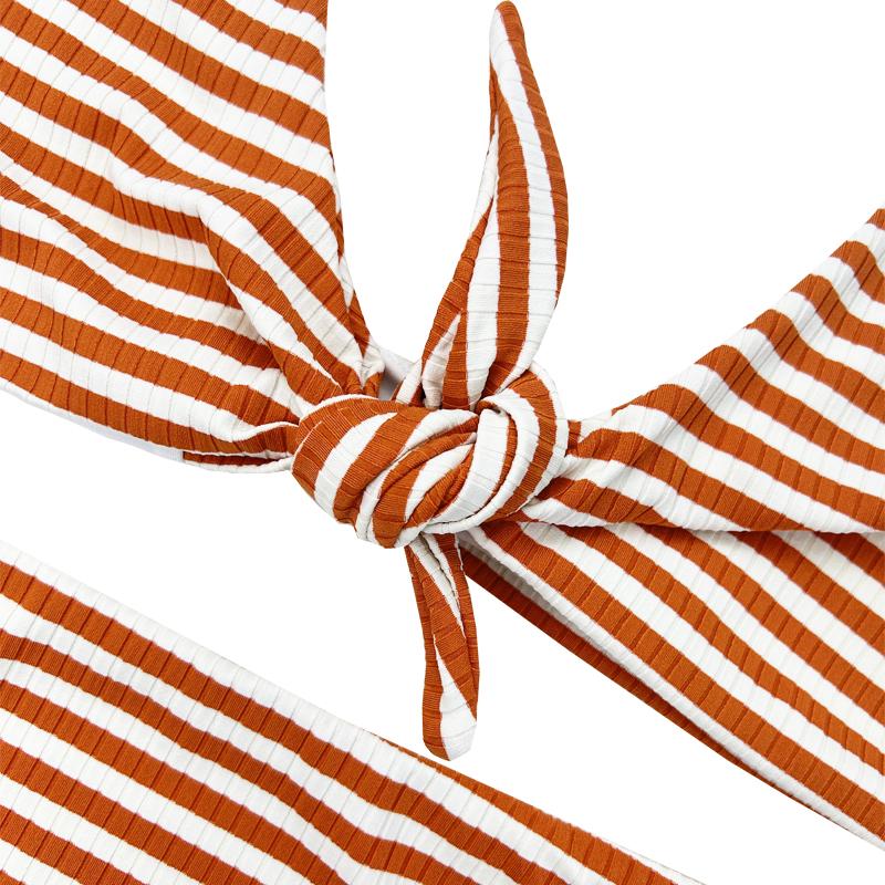 Orange orange hvid strip bred skulder bue behagelig høj talje todelt badedragt