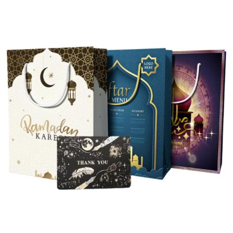 Brugerdefineret design Genanvendelig Eid Mubarak Ramanda Muslin Islamic Festival Shopping Packaging Paper Giftposer med håndtag