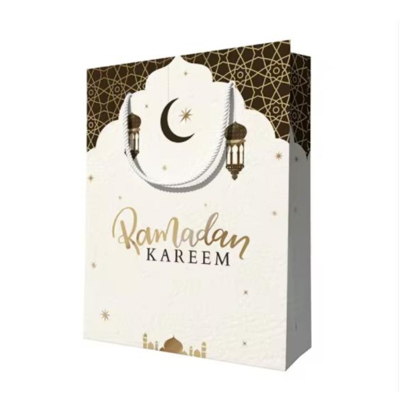 Brugerdefineret design Genanvendelig Eid Mubarak Ramanda Muslin Islamic Festival Shopping Packaging Paper Giftposer med håndtag