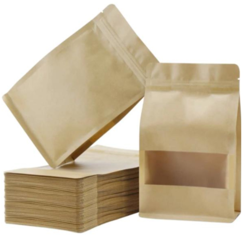 Stå op lynlås brun kraftpapir genlukbar ziplock varmeforsegling Fødevareopbevaring Doypack Packaging Pouches Pose med klart vindue
