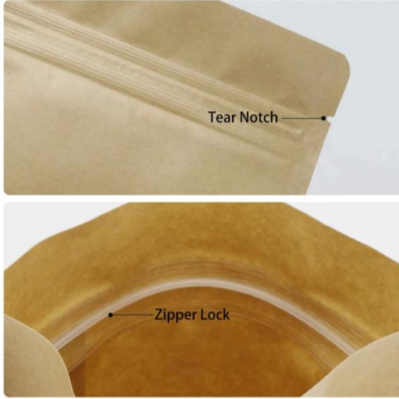 Stå op lynlås brun kraftpapir genlukbar ziplock varmeforsegling Fødevareopbevaring Doypack Packaging Pouches Pose med klart vindue