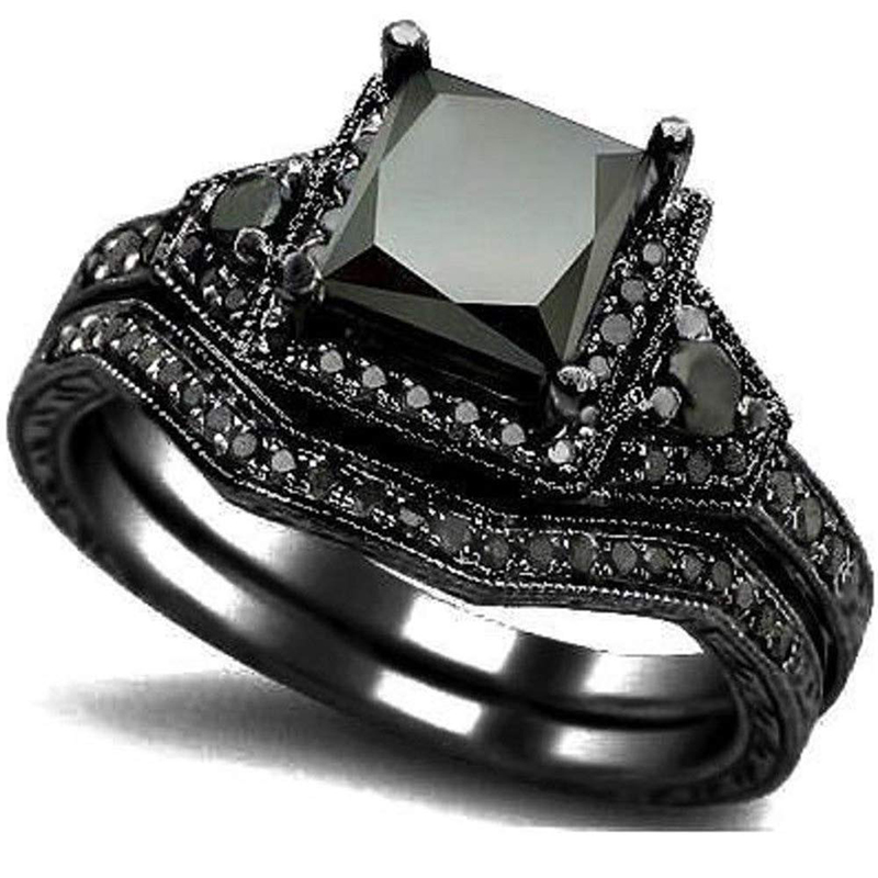 Hongde Black Onyx Princess Cut Anniversary Wedding Bridal Ring Diamond til kvinde til mand