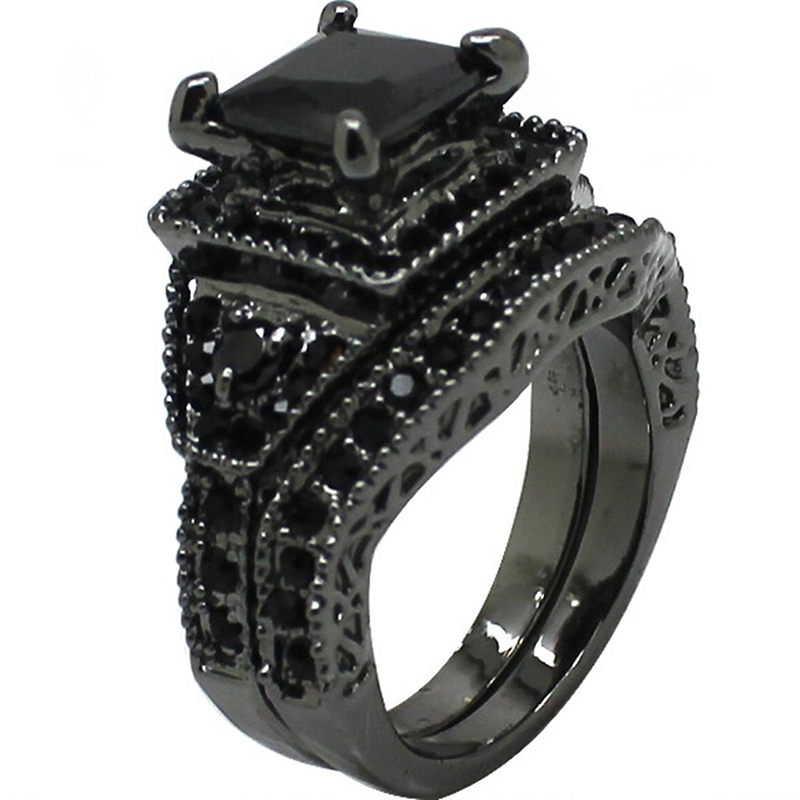 Hongde Black Onyx Princess Cut Anniversary Wedding Bridal Ring Diamond til kvinde til mand