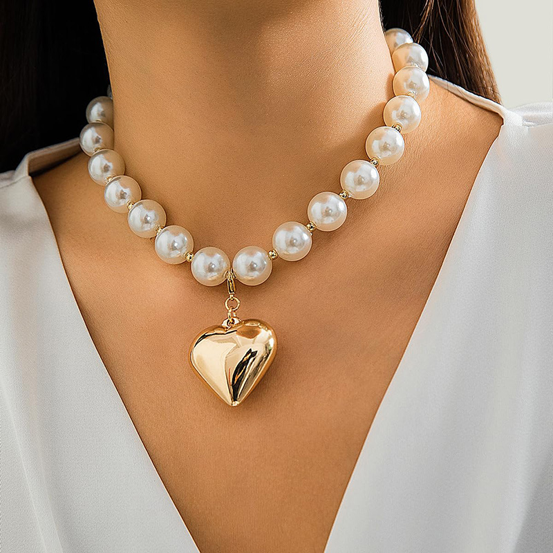 Hongde Heart Halskæder til Kvinder Guld Chunky Heart Halskæde Pearl Beads Choker Halskæder Y2k Halskæde Trendy Smykker Tilbehør Gaver