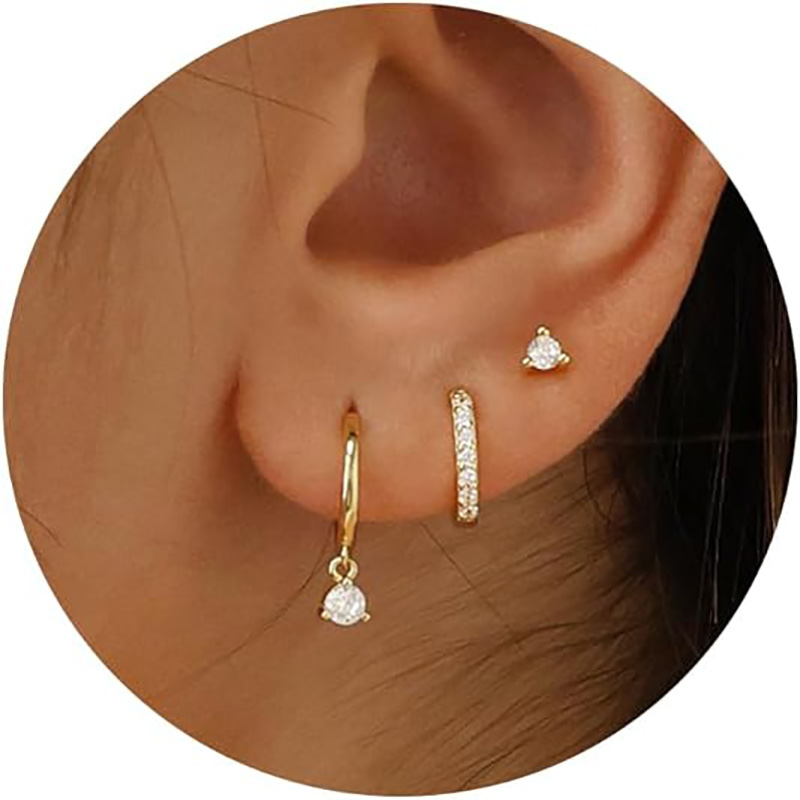 3 par Guld Hoop Øreringe Sæt: Dainty Stud Øreringe Trendy Små 14K forgyldte Hypoallergen Dangle Brusk Huggie Hoop Øreringe til Damer Guld Smykker til Kvinder Piger Gaver