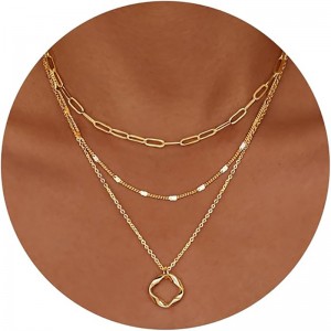 Minimalistisk dobbelt-Lag Halskæde 4K Guld Sølvbelagt Trendy Circle Papirclips Kæde Vedhæng Choker Halskæde,Simpelt Guld Diamond Cross Bue Smykkesæt Gaver til Kvinder