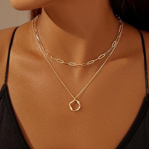 Minimalistisk dobbelt-Lag Halskæde 4K Guld Sølvbelagt Trendy Circle Papirclips Kæde Vedhæng Choker Halskæde,Simpelt Guld Diamond Cross Bue Smykkesæt Gaver til Kvinder