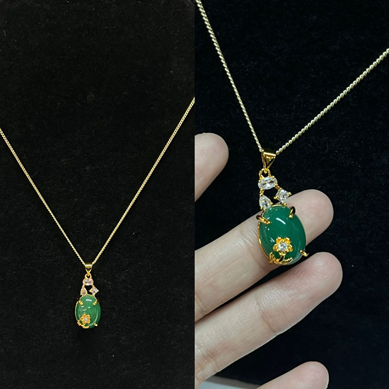 Opulent grøn jade oval pendel halskæde med hvide zirkon accenter, guld-Belagte indstilling, elegante kvinder\'s smykker