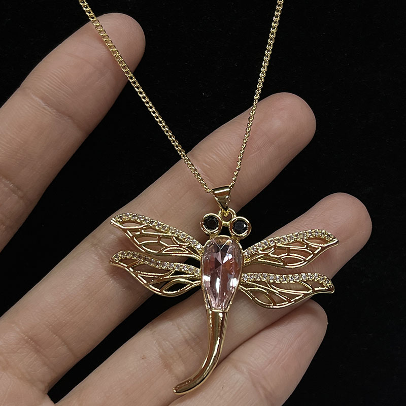 Elegant Dragonfly vedhæng halskæde med lyserød krystal- og rhinestone -accenter, guld-Belagt med indviklede filigranvinger