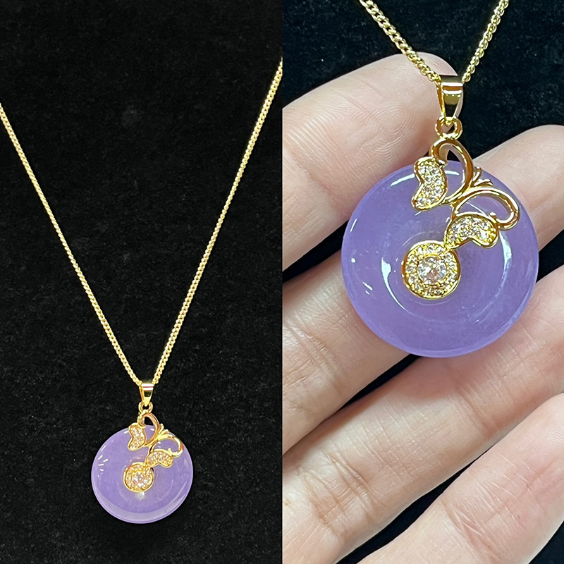 Lavendel Serenity Jade og Gold Cherry Blossom Pendant Halskæde med Cubic Zirconia