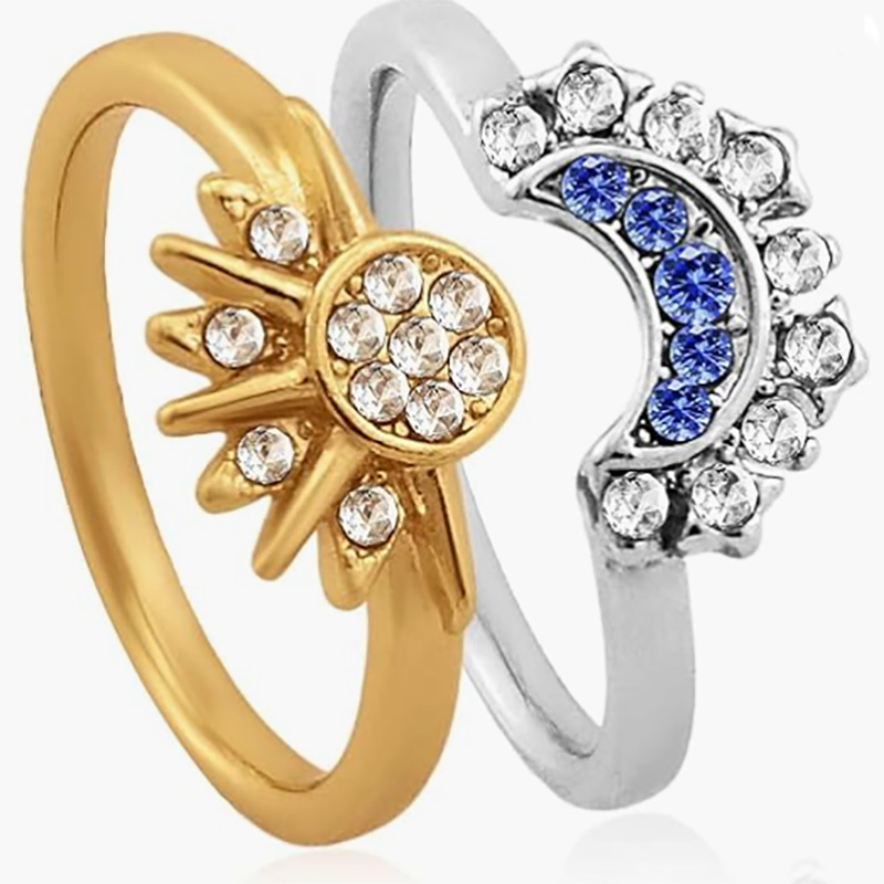 Celestial Sun and Moon Justerbar ring - 18k guld & Platinbelagt kobberlegering åben-Bandring med hvid & Blå kubik zirconia til astrologiske elskere og elegant mode slid