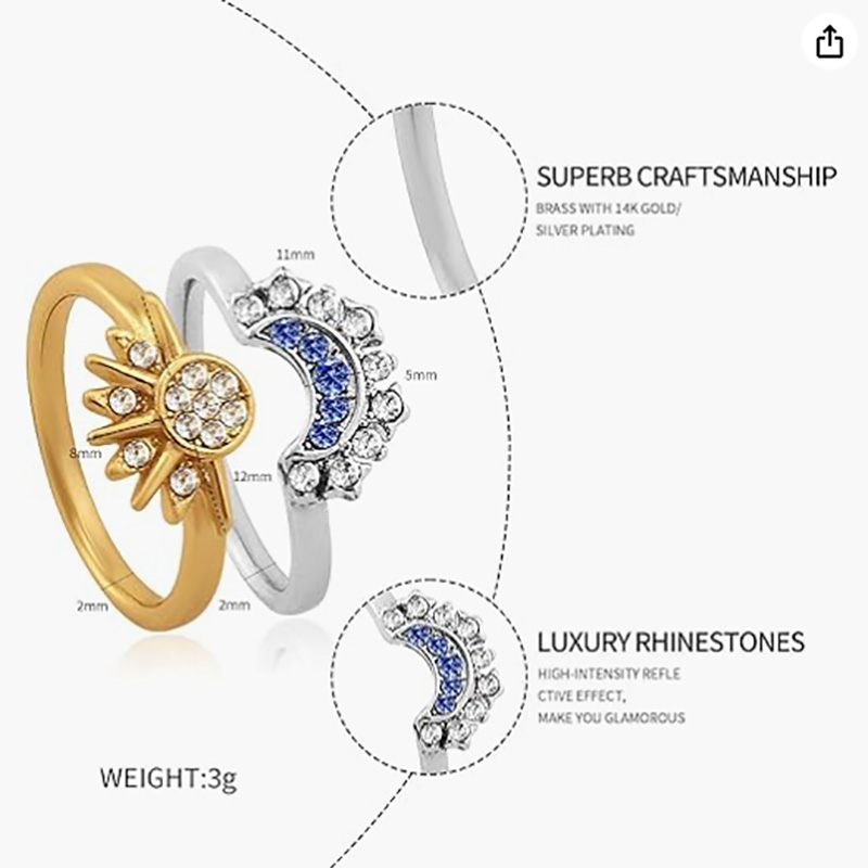 Celestial Sun and Moon Justerbar ring - 18k guld & Platinbelagt kobberlegering åben-Bandring med hvid & Blå kubik zirconia til astrologiske elskere og elegant mode slid