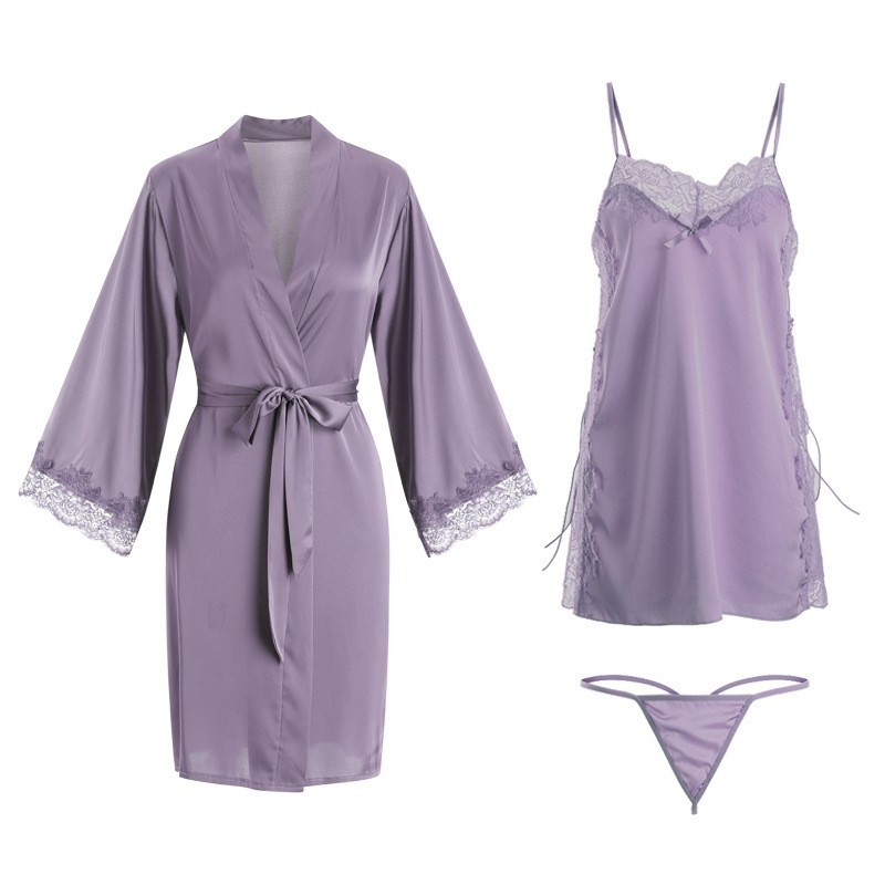 Sexet og behagelig blonder-Panelede, rene og lokkende satin -natkjole med sidespalter og bindestropper, parret med en kjortel, et hjemmebæresæt: 542 Pris:$149.99