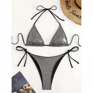 Ny europæisk og amerikansk 2025-stil solid-farve snøret sexet to-Stykke badedragt til kvinder. Tre-Piece Beach Bikini i metallisk farve 8865 Pris:$79.99