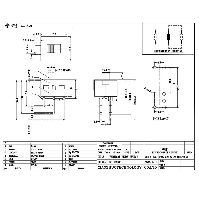 Slideafbryder SS22D88 TOY SWITCH, Belysning, Hårudløser, hårtørrer, høj strøm, skiftafbryder