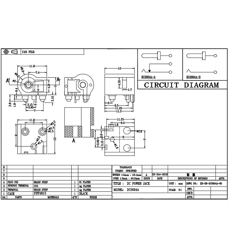 DC Socket DC-0004a, lille husholdningsapparatstik til vandrensere, to-Pin overflademonteringsopladningsstik med placering af placering af placering