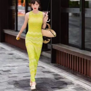 Sommerstrik rund hals langærmet Intercolor Cardigan, V-Hals ærmeløs lang stribet stribet kjole sæt