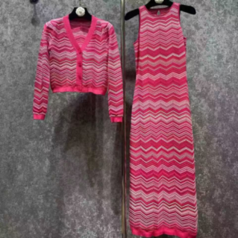 Sommerstrik rund hals langærmet Intercolor Cardigan, V-Hals ærmeløs lang stribet stribet kjole sæt