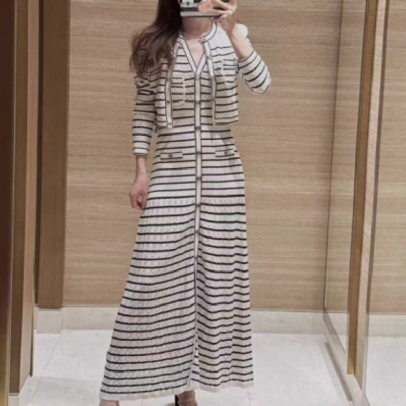 V-Hals ærmeløs lang stribet stribet kjole sæt
