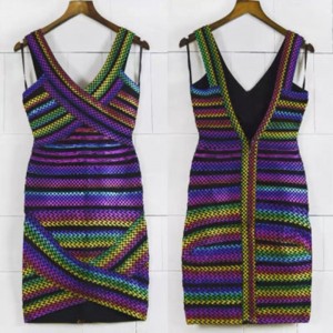 Sommer v-Hals farverige striber gummibånd splejsning halter stramme pakke hofte kjoler