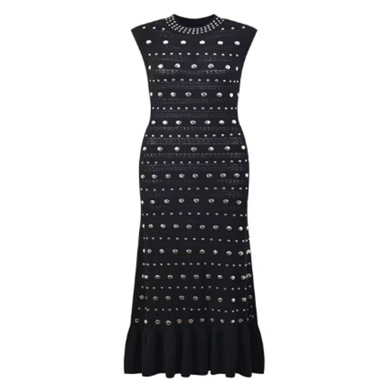 Sommerdollar krave ærmeløs skulder ruffle, metalliske strikkekjoler