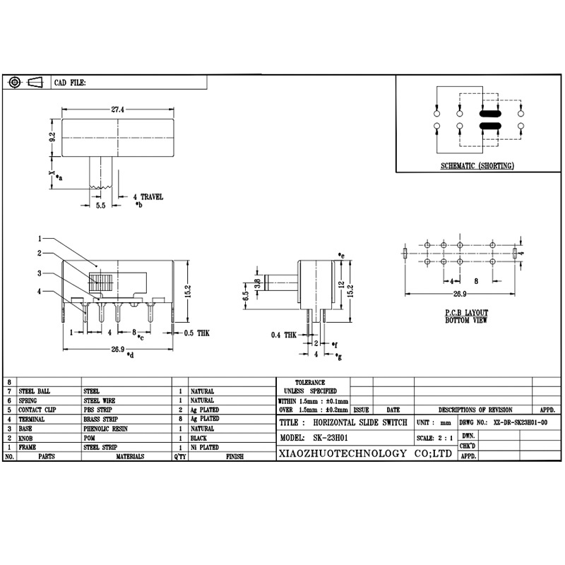 Slide switch SK23H01 Lille bipolar tre-Placer to-Række otte-Pin vandret side-Træk 2P3T Slide Switch
